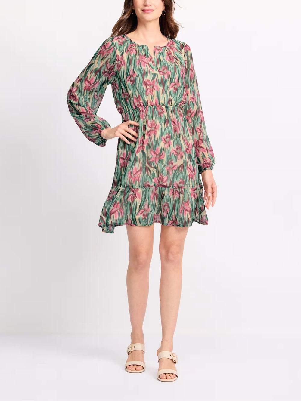 Gilli Floral Blouson Sleeve Tiered Mini Dress Green Pink Size L - Picture 3 of 5
